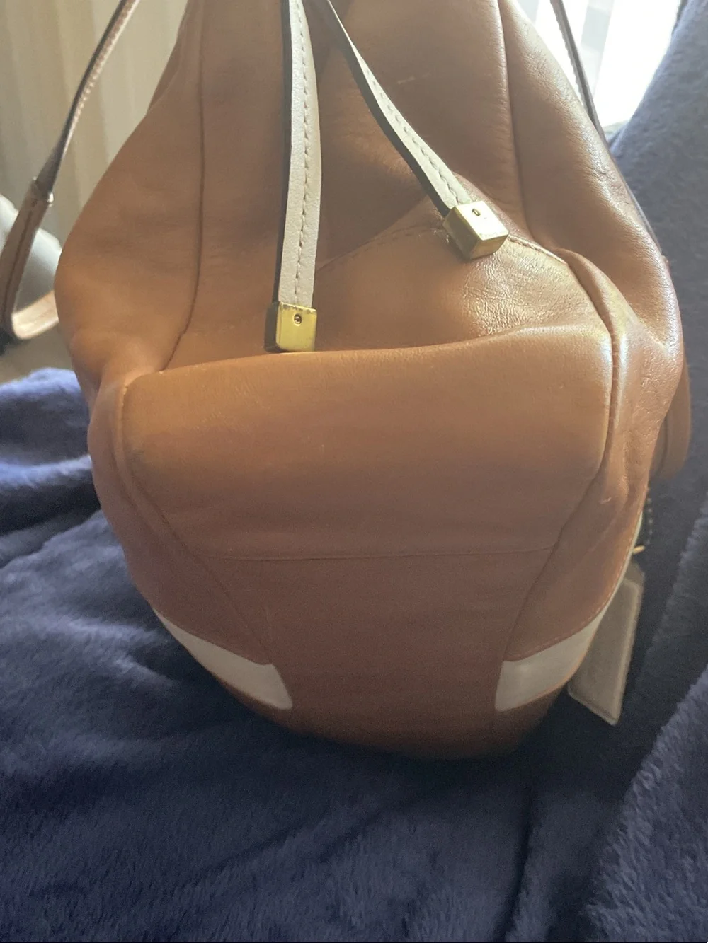 Coach Tan Leather Tote with Cream Center Stripe